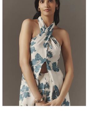 Anthropologie Halter Block Print Silky Blouse